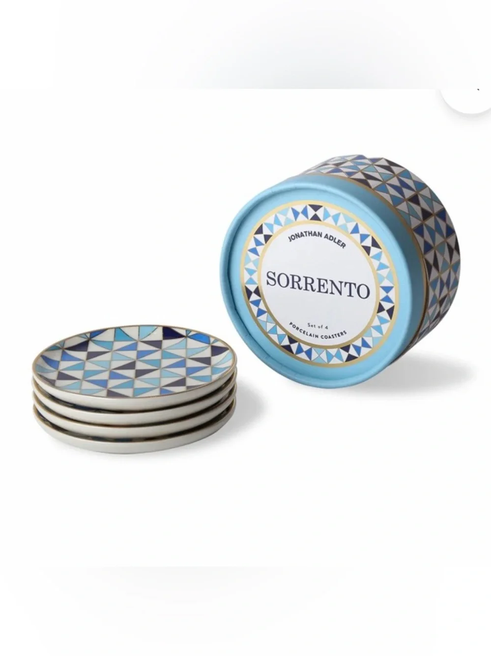 Jonathan Adler NWT Sorrento Blue and White Geometric Coaster Set of Four